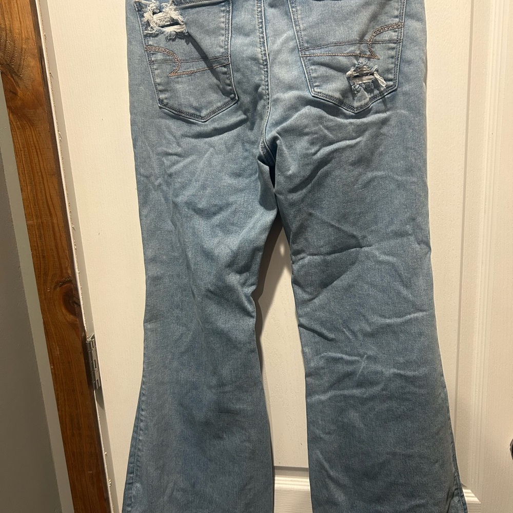 American Eagle Outfitters Light Blue Super High Rise Flare Distressed Jeans - Picture 4 of 7